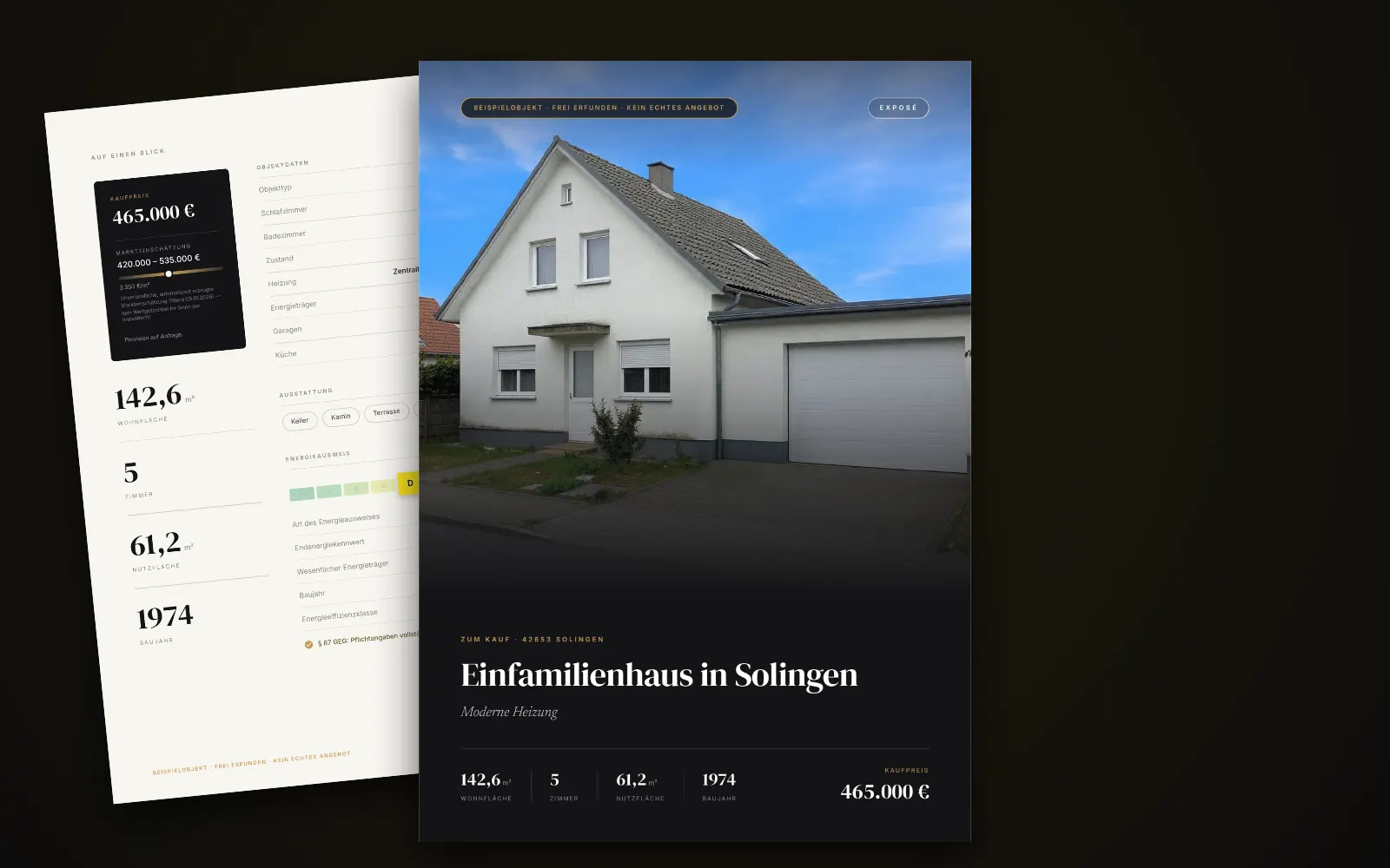Exposé des Beispielobjekts in Solingen: Titelseite mit Foto, Titel und Kaufpreis, dahinter zwei weitere Seiten